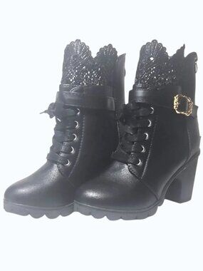 Women's Size 5 Black Combat Boots Gold Buckle Lace Top Back Zipper T11